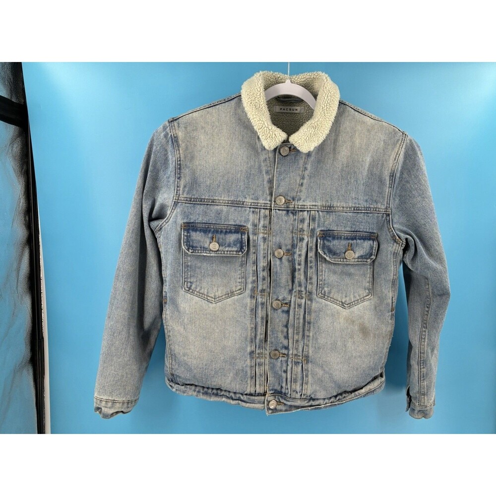 PacSun Denim Trucker Jacket Mens Large Sherpa Lined Distressed Light Wash Blue